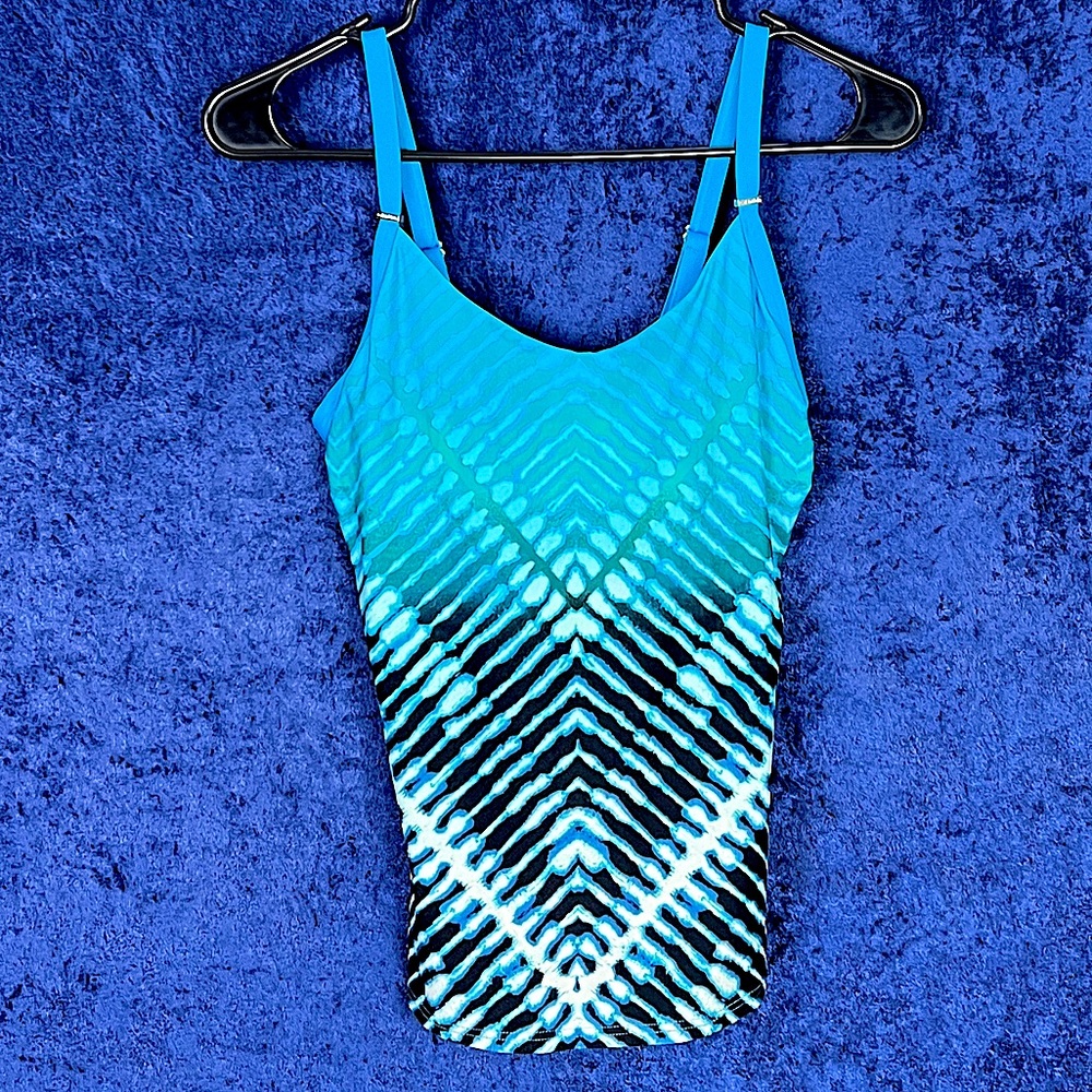 Calvin Klein tie-dyed tankini top, turquoise, white, and black, small.